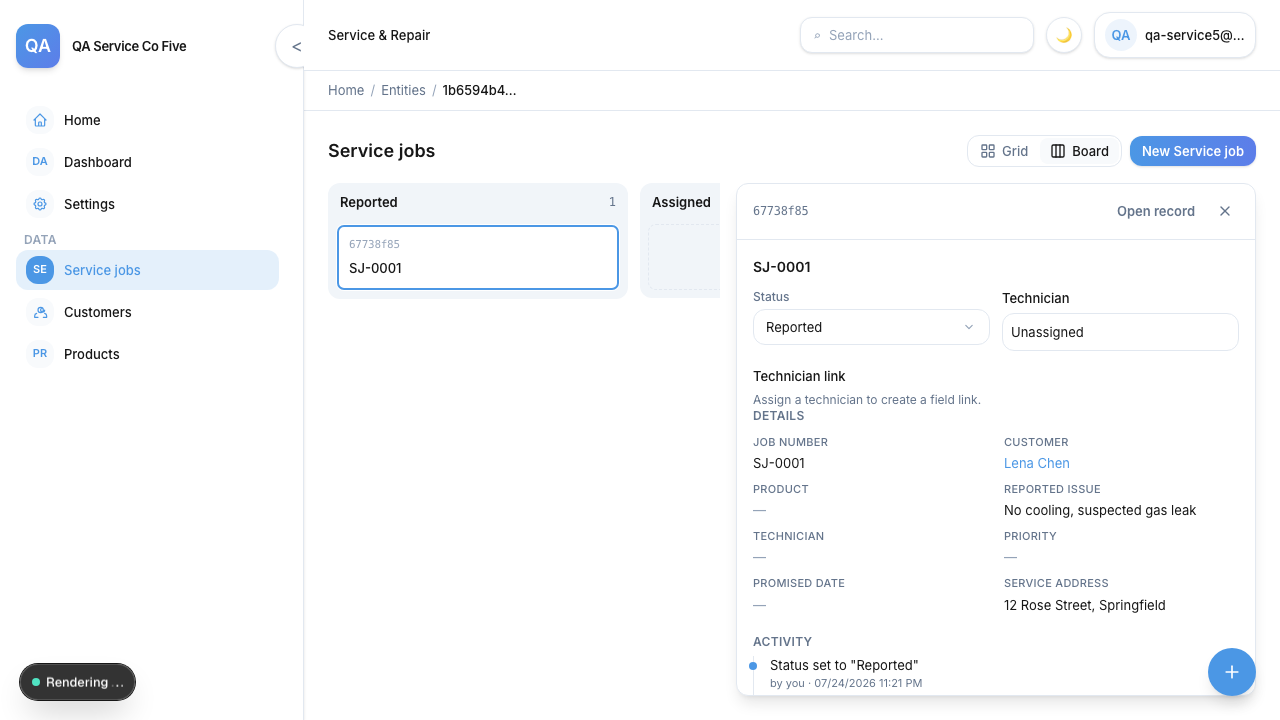 aayugo Service and Repair board with a service job inspector open